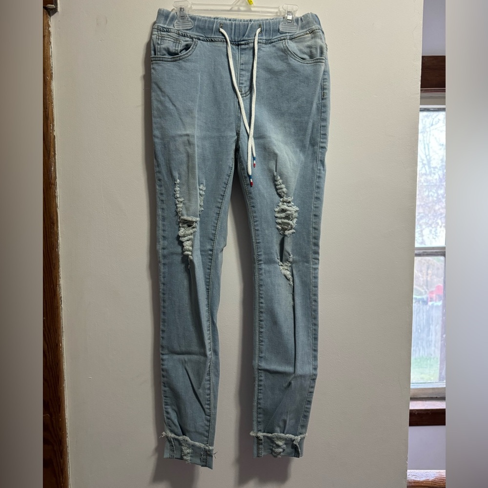 Blue Skinny Distressed Jeans with Drawstring